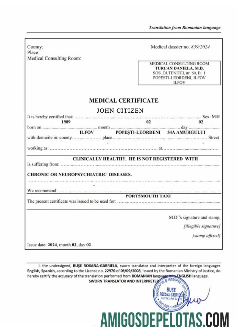 Certificado Médico da Romênia exemplo real